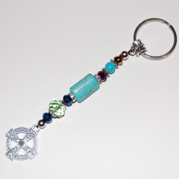 Celtic Cross Keychain,Cross Bag Charm,Turquoise Beaded Keychain - Picture 1 of 2
